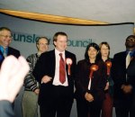 Victorious ABeeC candidate Luke Kirton as the results are announced. We like the faces of the smirking Tories & Lib Dems to the left, and the narked off Labour bods on the right, including Seema Malhotra, now MP for Feltham & Heston!